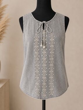 Tie-Neck Embroidered Sleeveless Camisole - Denim Gray